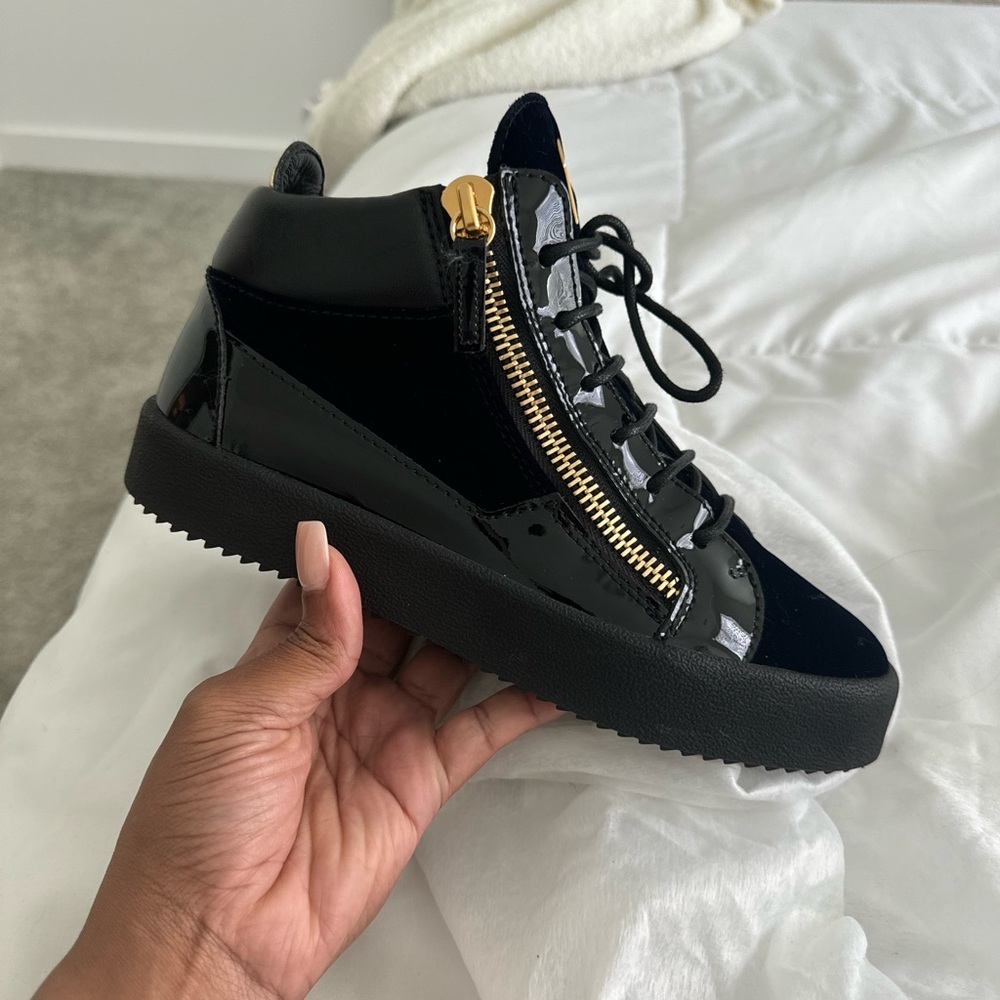 Giuseppe Zanotti Black Patent Sneakers with Gold Zippers